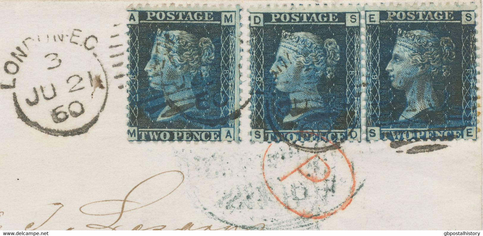 GB 1860 QV TWO PENCE Blue Pl.8 (3x, MA, SD, SE) Extremely Rare Multiple Postage - Storia Postale