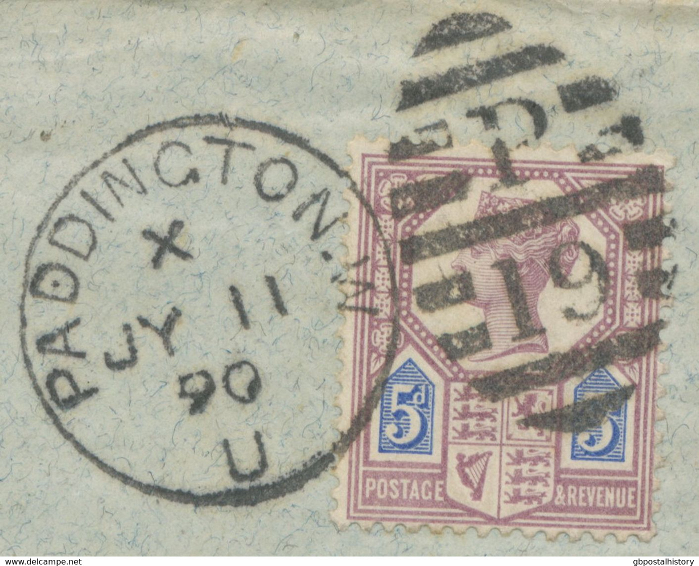 GB 1890 QV 5d Jubilee Type II Single Postage To Japan „PADDINGTON.W / P / 19“ On Very Fine And Rare Cover Poste Restante - Cartas & Documentos