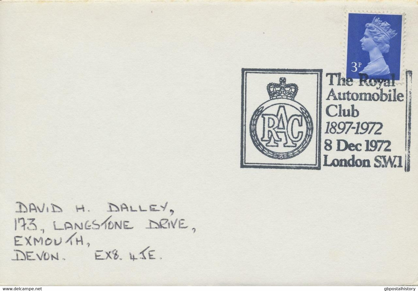 GB SPECIAL EVENT POSTMARKS RAC THE ROYAL AUTOMOBILE CLUB 1897-1972 LONDON S.W.1, 8.12.1972 - Storia Postale