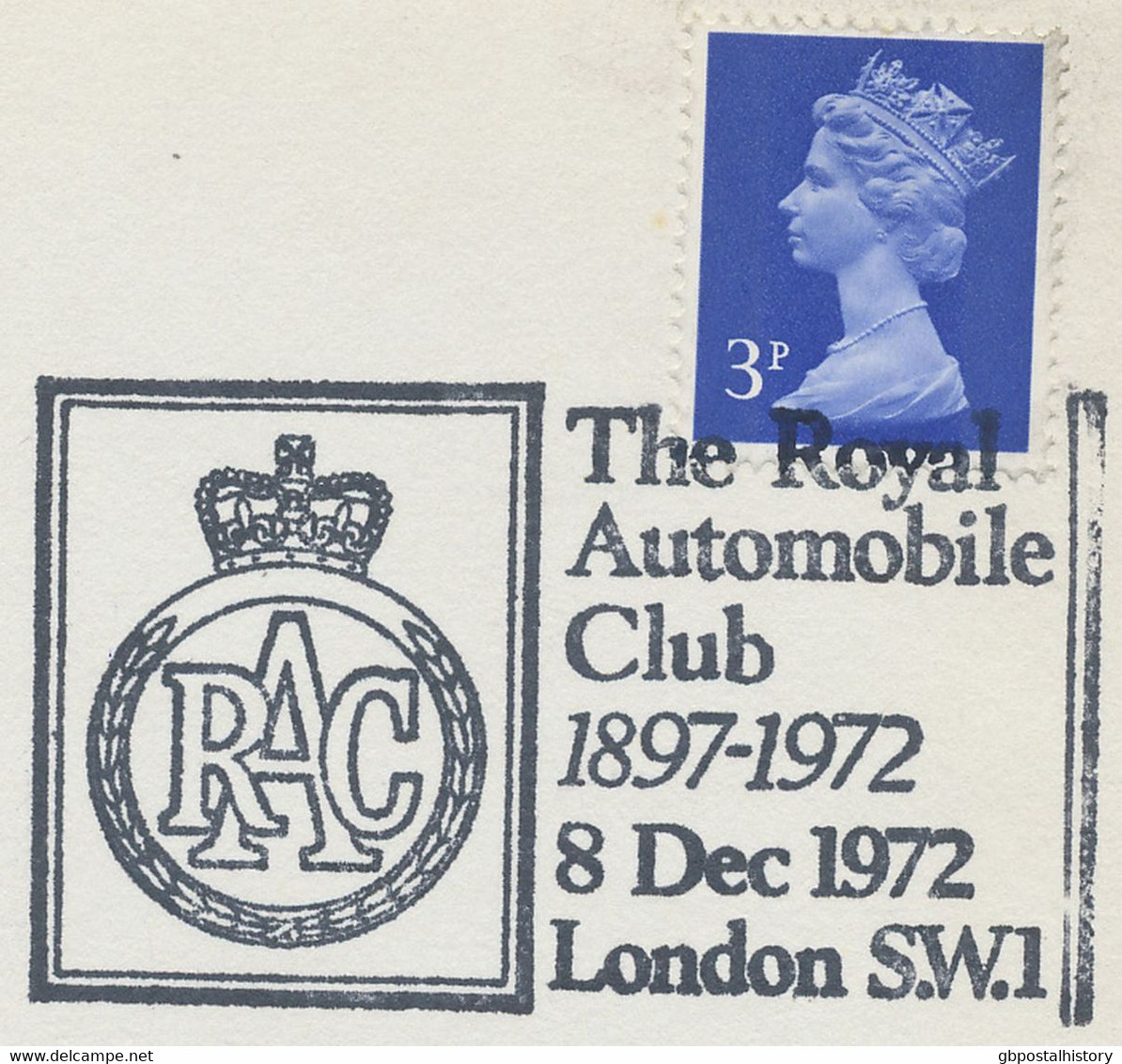 GB SPECIAL EVENT POSTMARKS RAC THE ROYAL AUTOMOBILE CLUB 1897-1972 LONDON S.W.1, 8.12.1972 - Storia Postale
