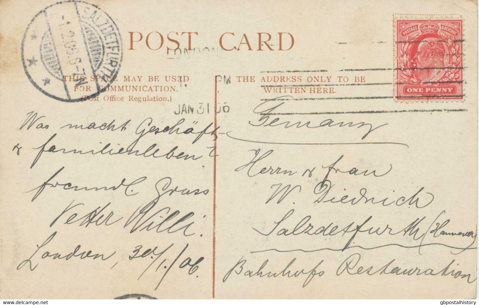 GB 1906 EVII 1d Red (PERFIN „D.B.“) On Superb B/w Postcard (House Of Commons) – PERFINS On Postcards Are Extremely Rare - Gezähnt (perforiert)