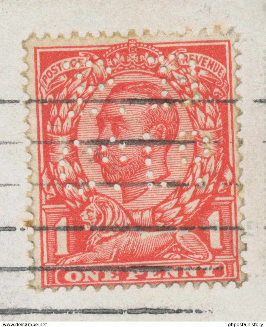 GB 1912 GV 1d Red (rare PERFIN: „P.B / Co. Ld.“) On Superb Coloured Postcard – PERFINS On Postcards Are Extremely Rare – - Perforés