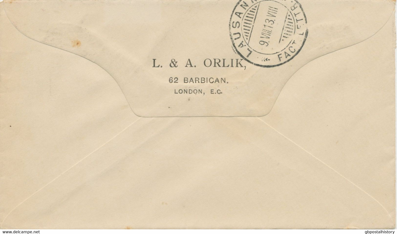 GB 1913 GV 2 ½d Rare Sideways PERFIN „LAO“ (L. & A. ORLIK, LONDON EC) VF Cover - Perforés