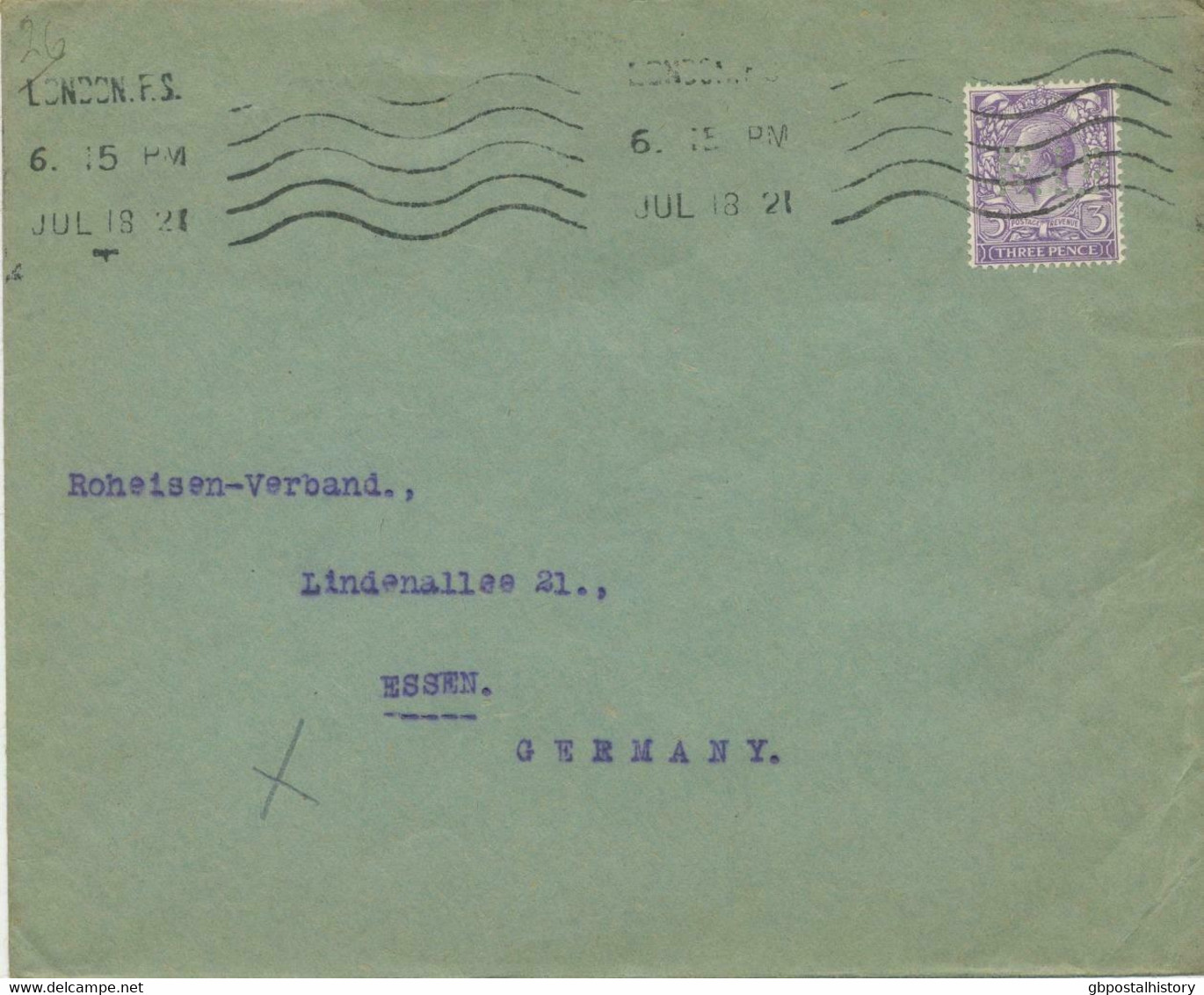 1921 GV 3d Rare PERFIN: „R.LD“ On Superb Cover Tied By LONDON F.S. Multiple Impression Machine Postmark To ESSEN Germany - Perfins