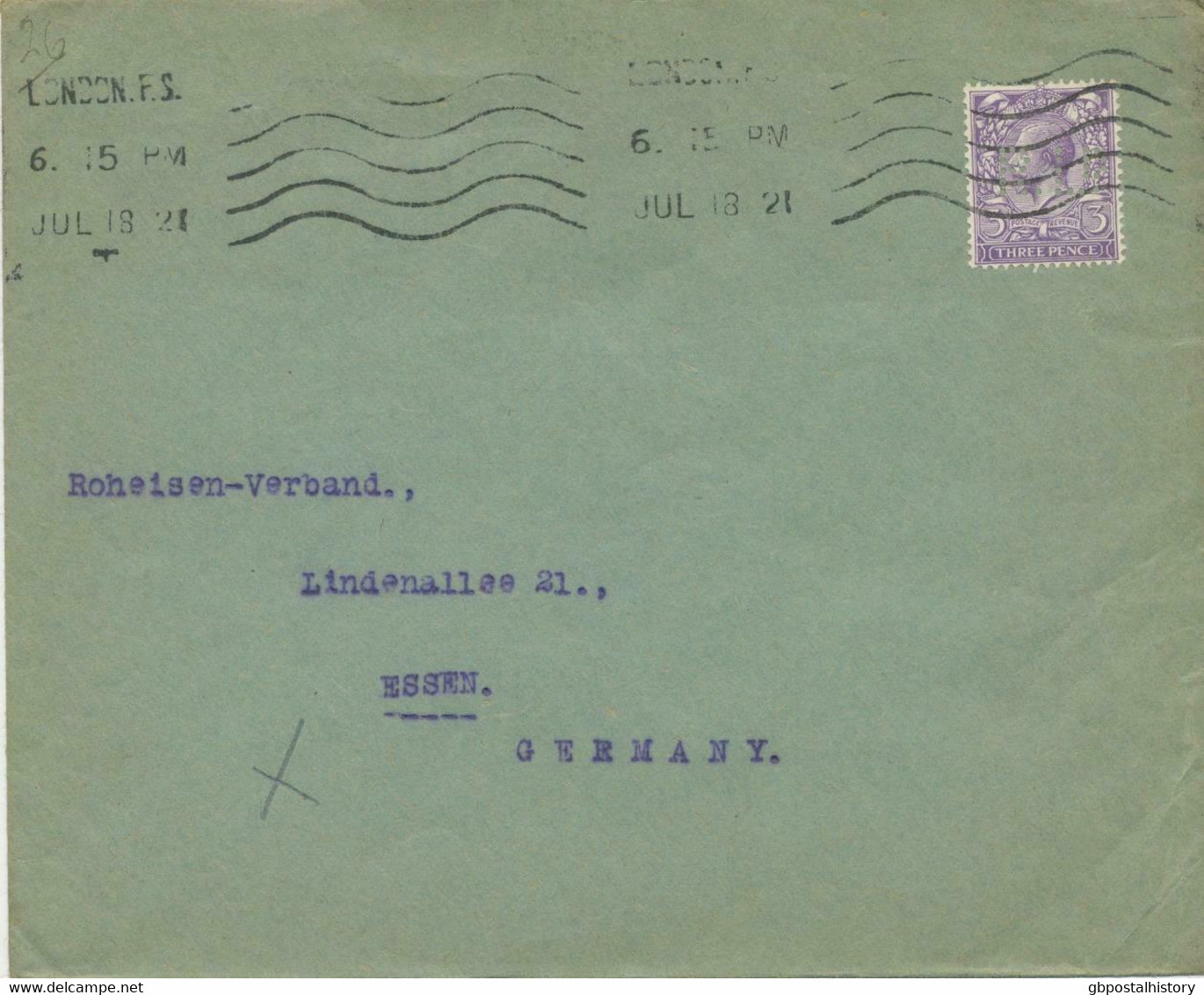 1921 GV 3d Rare PERFIN: „R.LD“ On Superb Cover Tied By LONDON F.S. Multiple Impression Machine Postmark To ESSEN Germany - Perfin