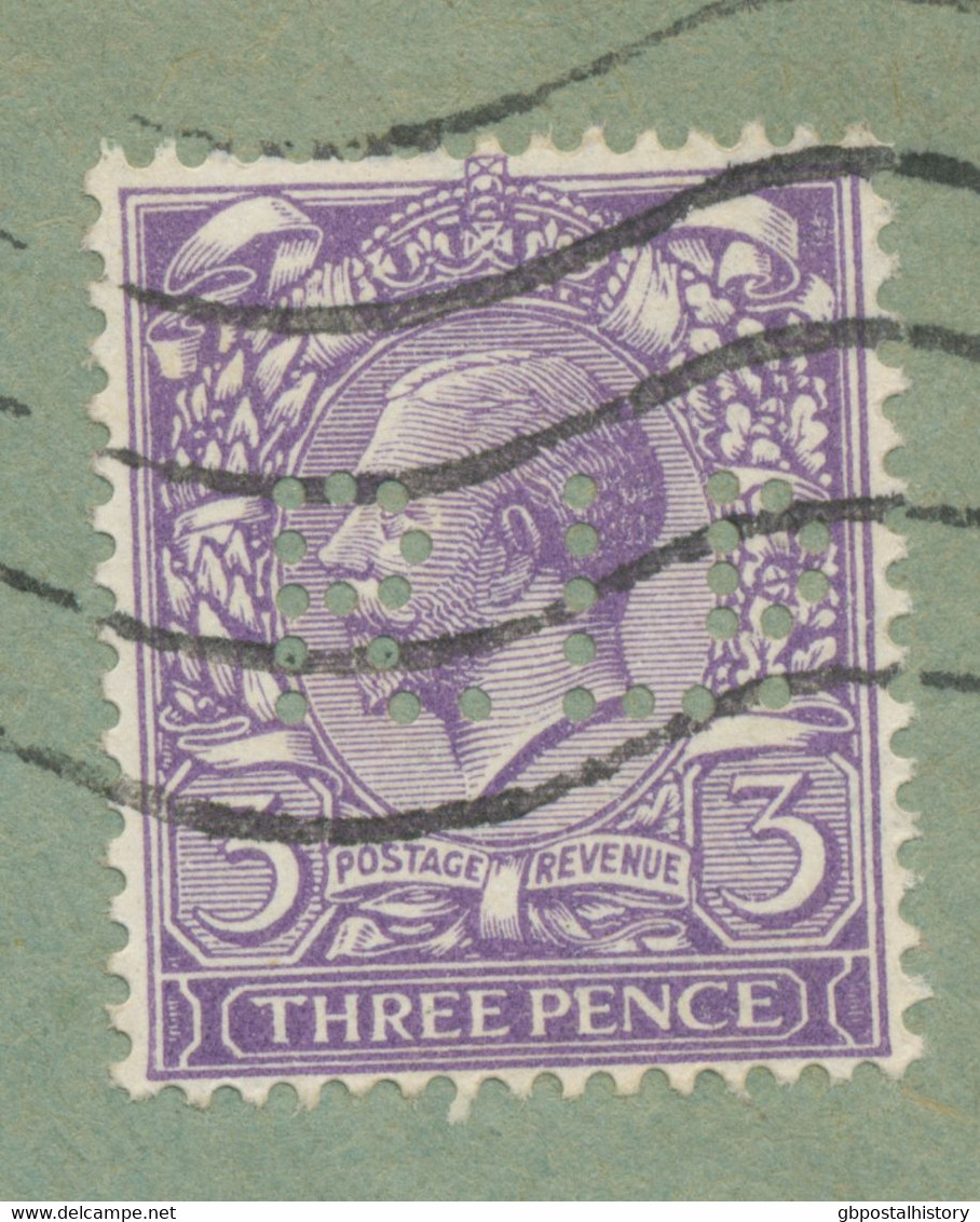 1921 GV 3d Rare PERFIN: „R.LD“ On Superb Cover Tied By LONDON F.S. Multiple Impression Machine Postmark To ESSEN Germany - Perfins