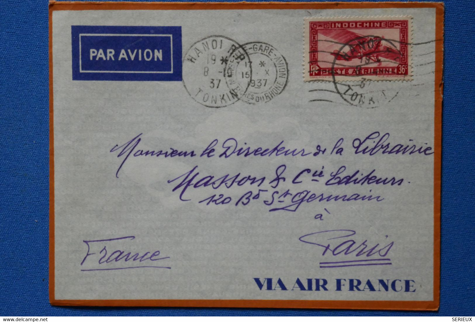 C INDO CHINE BELLE LETTRE 1937 POSTE AERIENNE HANOI A PARIS FRANCE + AFFRANCH. INTERESSANT - Briefe U. Dokumente