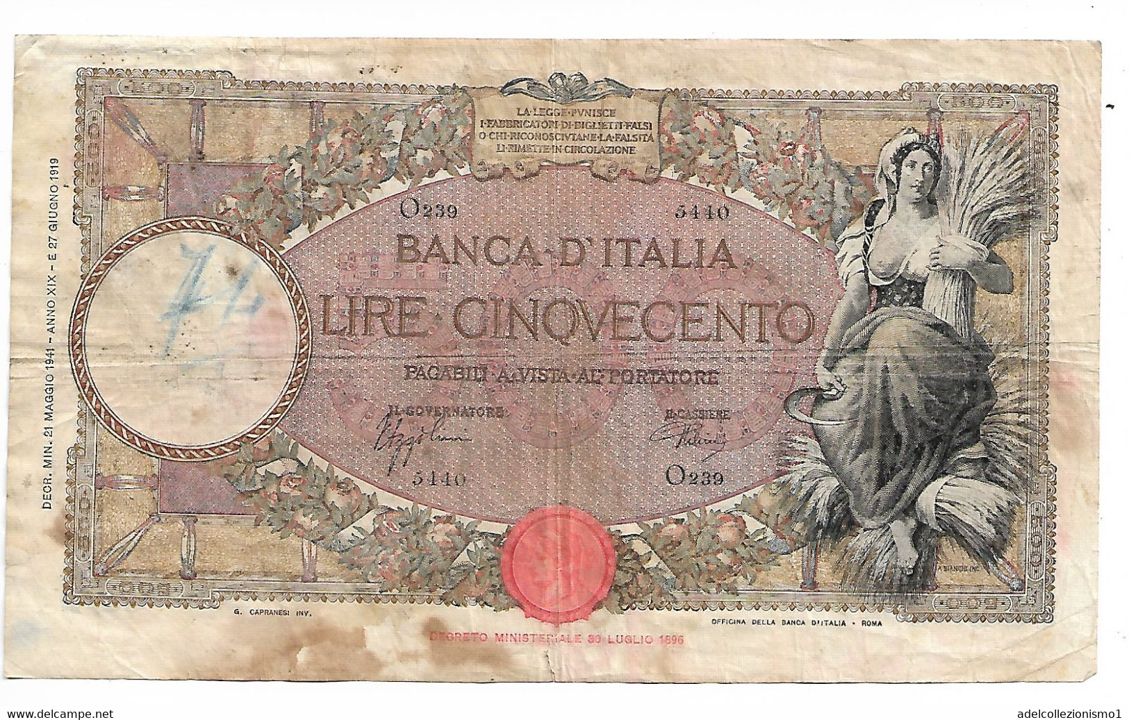 46220) LIRE 500 MIETITRICE (FASCIO) ROMA 21-5-1941 - 500 Lire