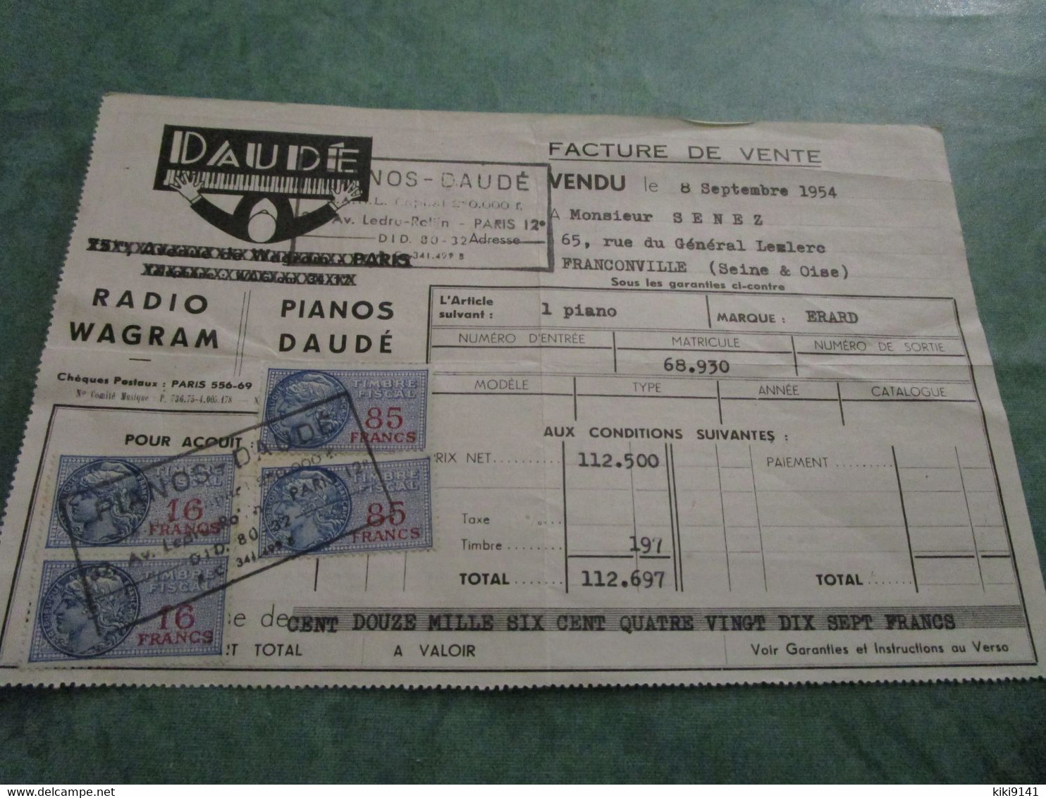 PIANOS DAUDE - Facture De L'achat D'un Piano De Marque ERARD - Instruments De Musique