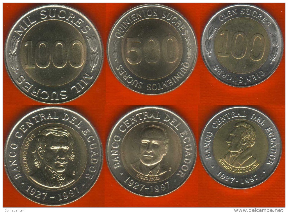 Ecuador Set Of 3 Coins: 100 - 1000 Sucres 1997 BiMetallic UNC - Ecuador