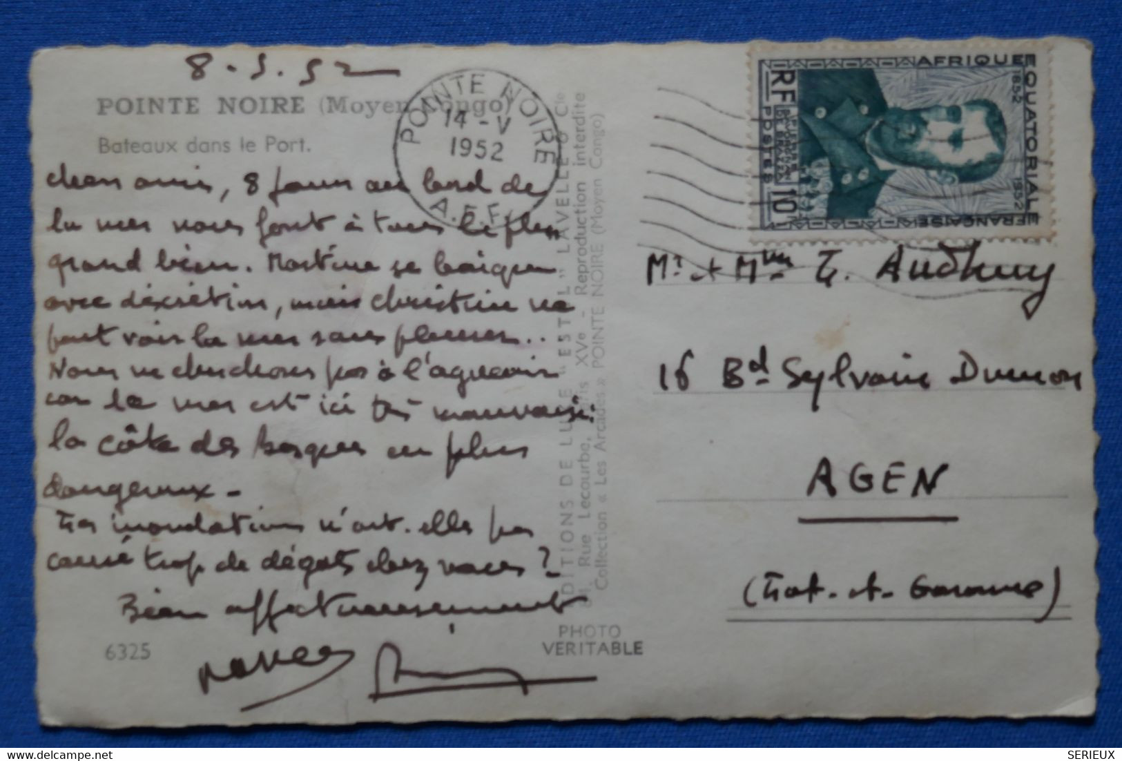 O19 AEF MOYEN CONGO  BELLE CARTE 1952  POINTE NOIRE POUR AGEN  FRANCE + AFFRANCH. PLAISANT - Briefe U. Dokumente