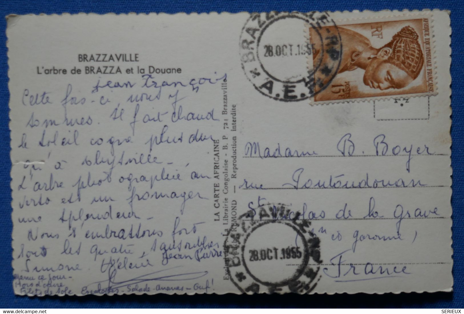 O19 AEF  CONGO BELLE CARTE 1955 BRAZZAVILLE POUR  ST NICOLAS FRANCE + AFFRANCH. PLAISANT - Covers & Documents