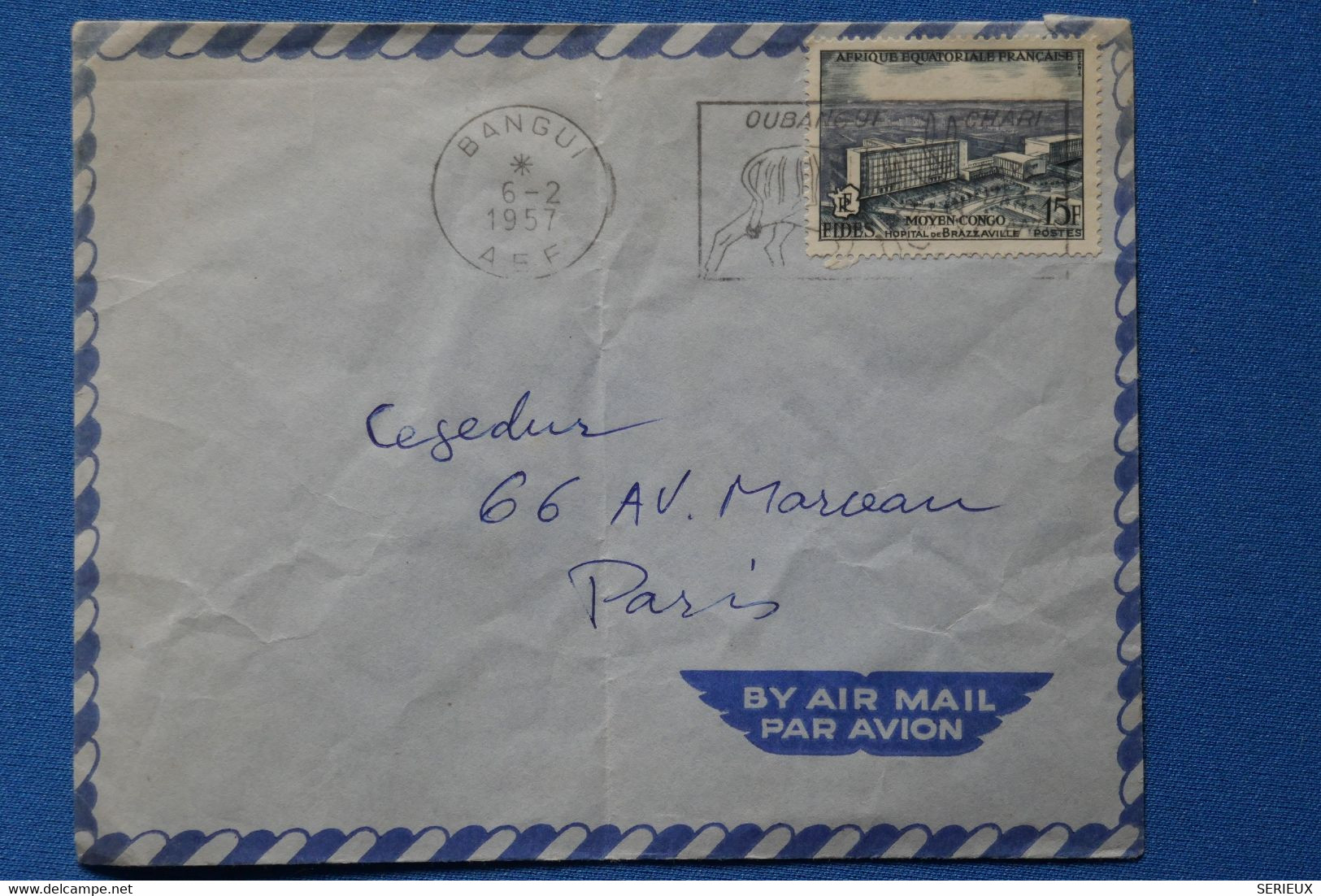 O19 AEF  MOYEN CONGO BELLE LETTRE 1957 PAR AVION  BANGUI POUR PARIS FRANCE+ AFFRANCH. PLAISANT - Storia Postale