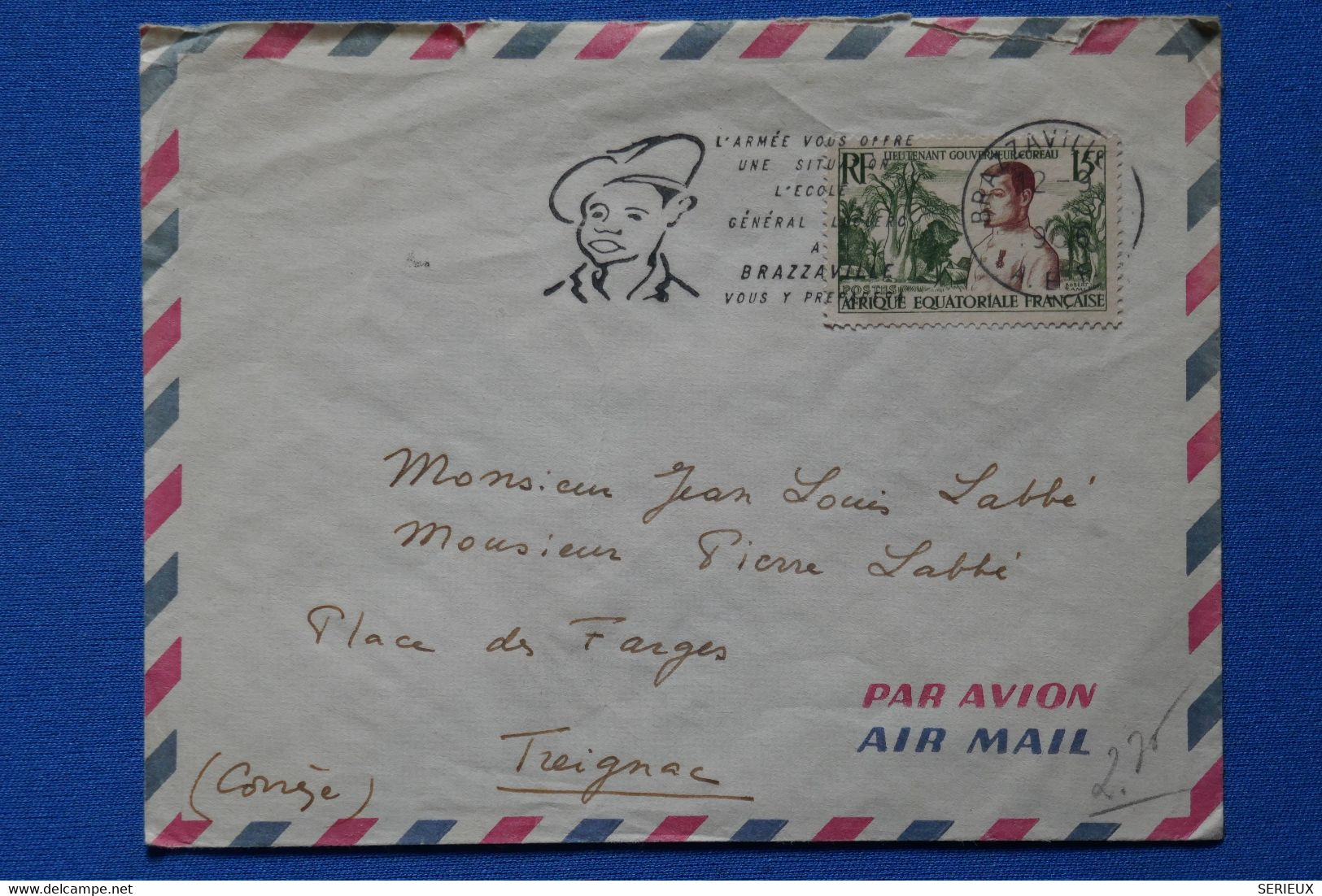 O19 AEF MOYEN CONGO BELLE LETTRE 1956 PAR AVION BRAZZAVILLE POUR TREIGNAC FRANCE+ AFFRANCH. PLAISANT - Lettres & Documents