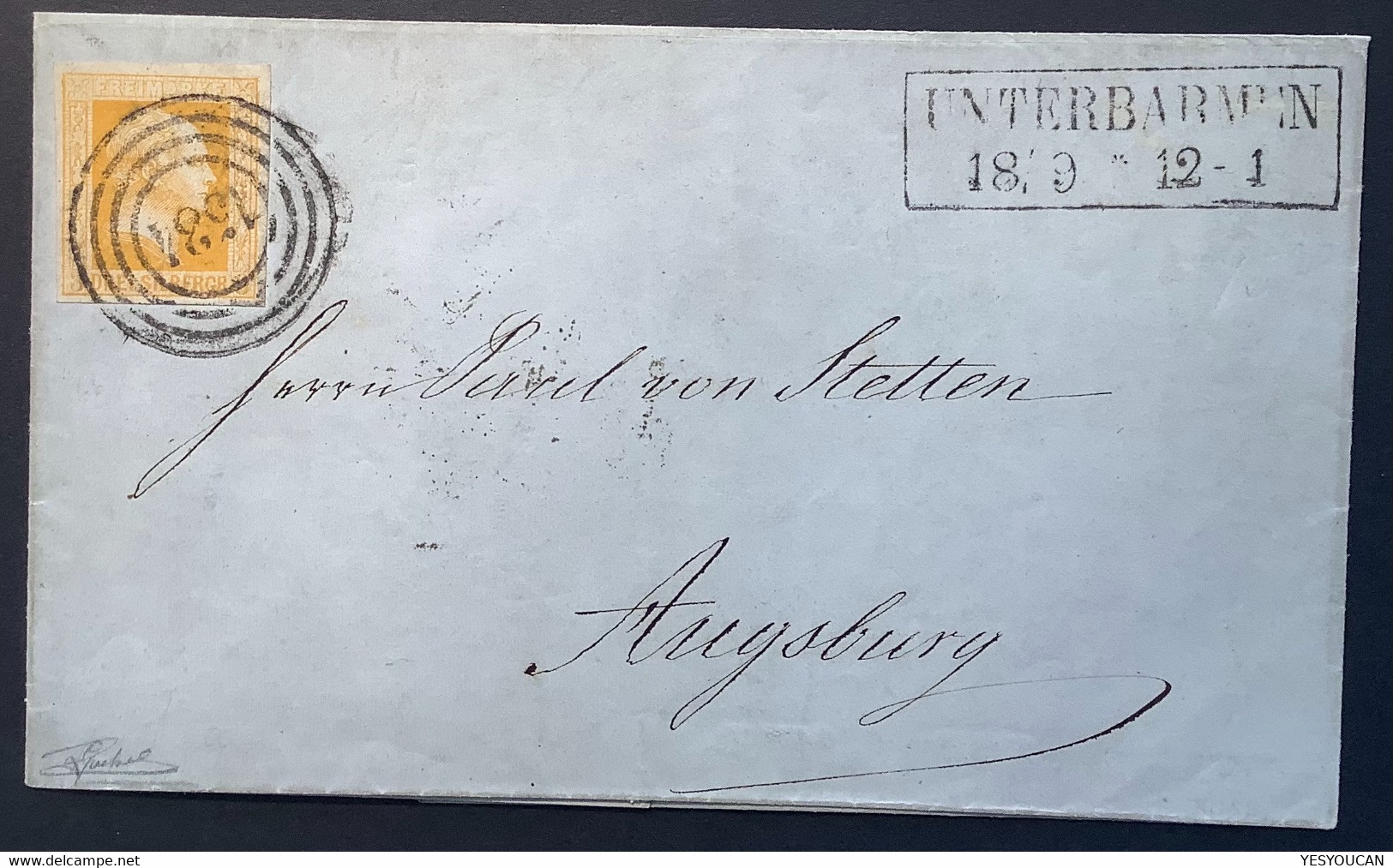 Preussen Mi.8a KABINETT„1534“ UNTERBARMEN Brief 1857>Augsburg(Rheinland Düsseldorf Barmen - Covers & Documents
