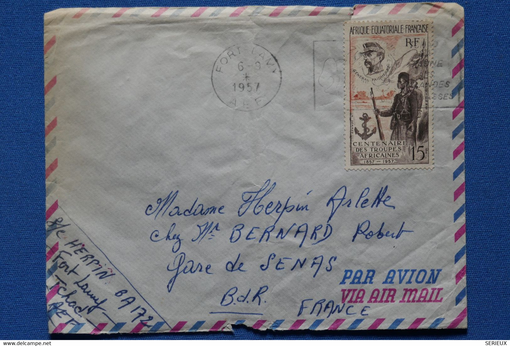 O19 AEF TCHAD BELLE LETTRE 1956 PAR AVION FORT LAMY POUR SENAS FRANCE+  PA N°62 + AFFRANCH. PLAISANT - Cartas & Documentos