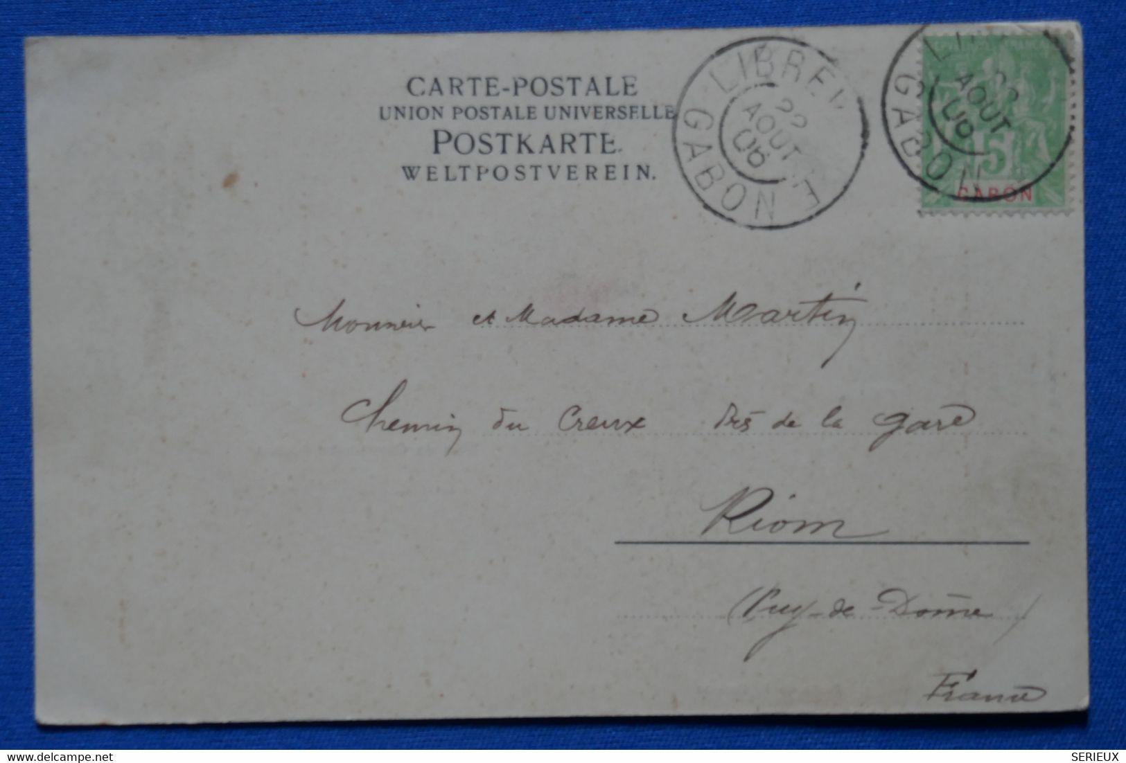 O19 GABON BELLE CARTE 1906  LIBREVILLE POUR RIOM FRANCE+ AFFRANCH. PLAISANT - Briefe U. Dokumente