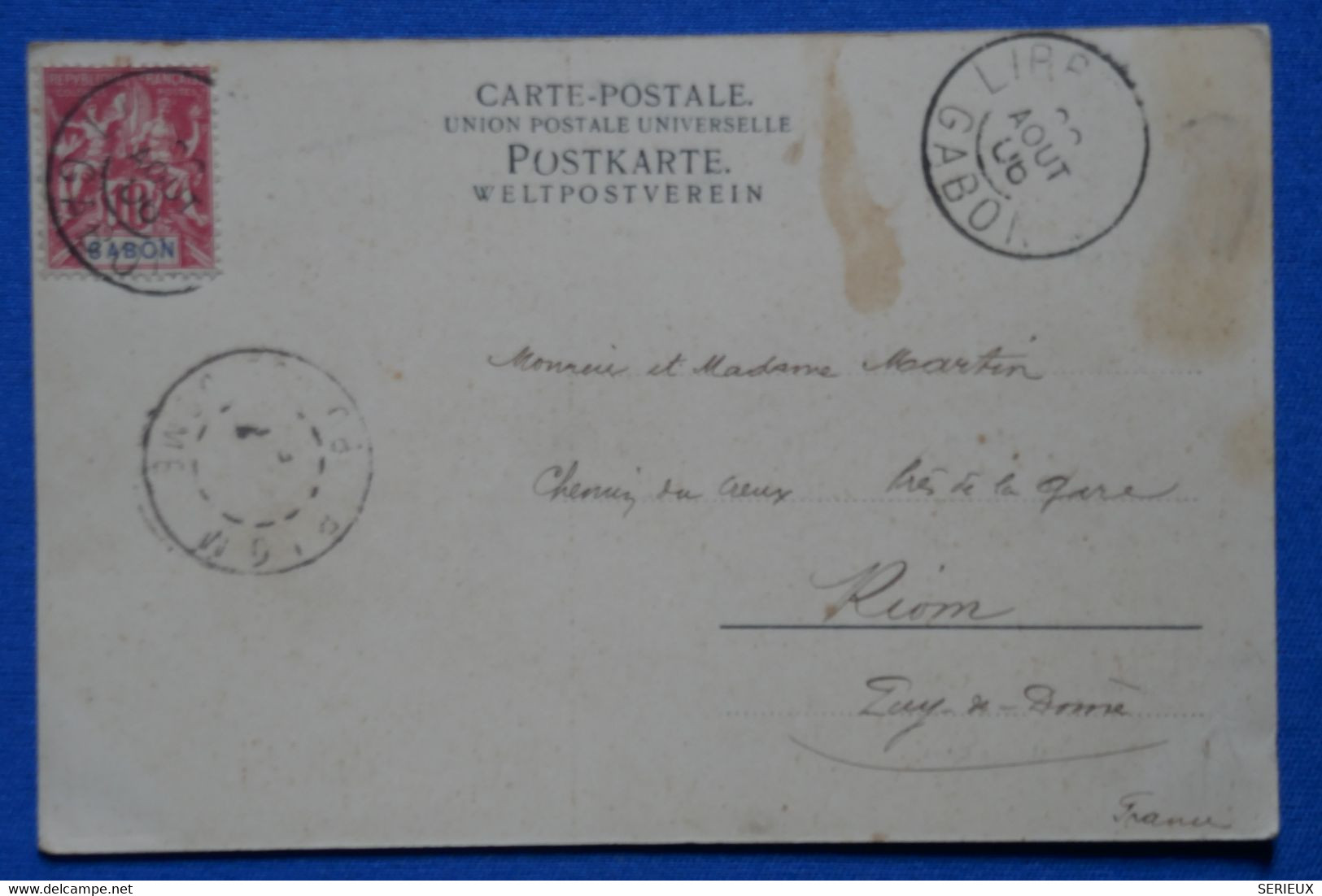 O19 GABON BELLE CARTE 1906 LIBREVILLE POUR RIOM FRANCE+ AFFRANCH. PLAISANT - Cartas & Documentos