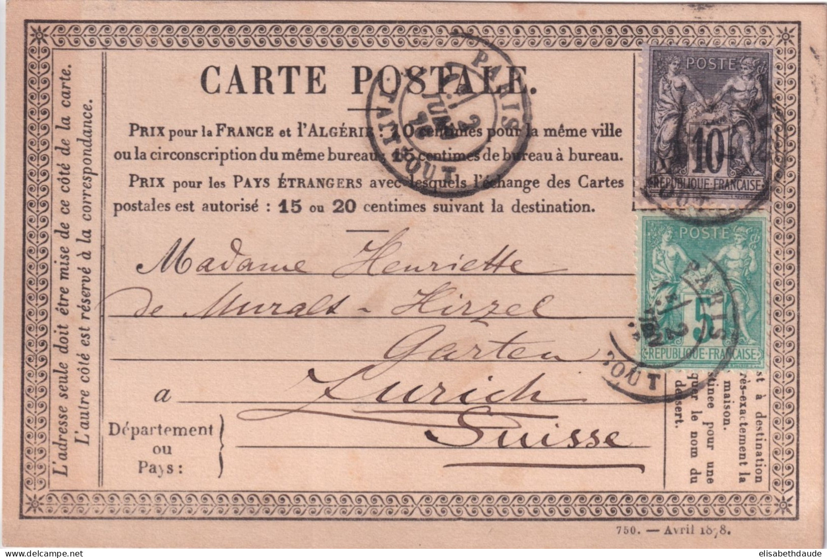 1876 - CARTE PRECURSEUR SAGE N/U De PARIS => ZÜRICH (SUISSE) !! - Vorläufer