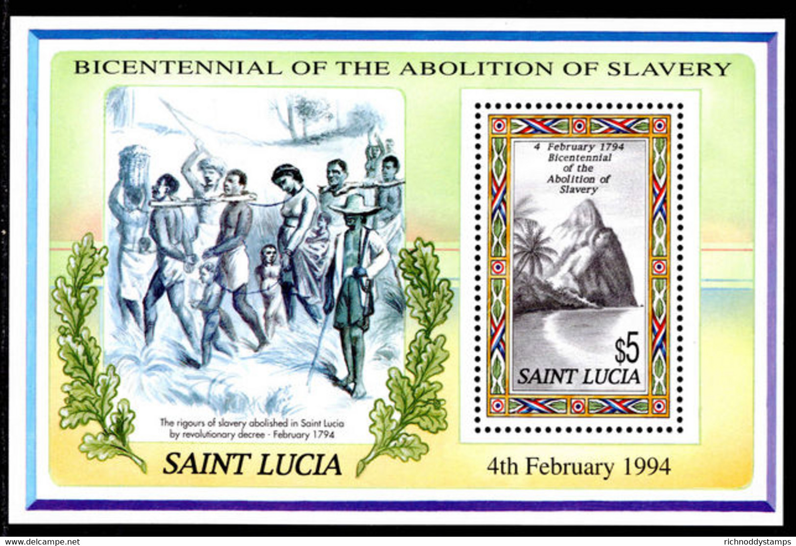 St Lucia 1994 Abolition Of Slavery Souvenir Sheet Unmounted Mint. - St.Lucie (1979-...)