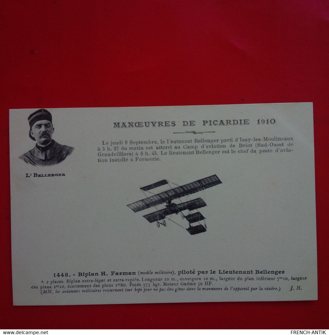 PICARDIE 1910 BIPLAN H.FARMAN PILOTE PAR LE LIEUTENANT BELLENGER - Aviateurs
