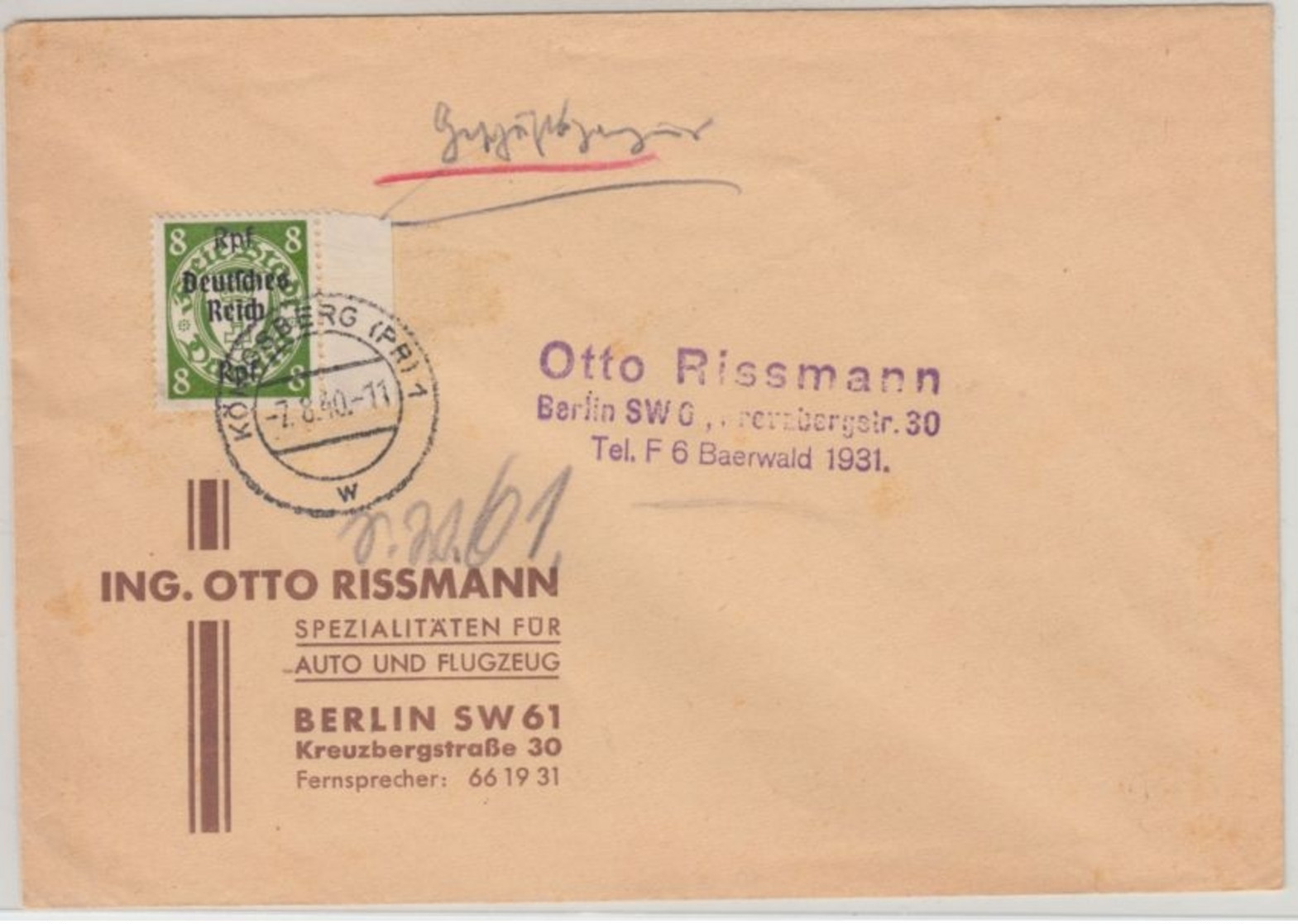 DR - 8 Pfg. Danzig/Überdruck Geschäftspapiere Königsberg - Berlin 1940 - Brieven En Documenten