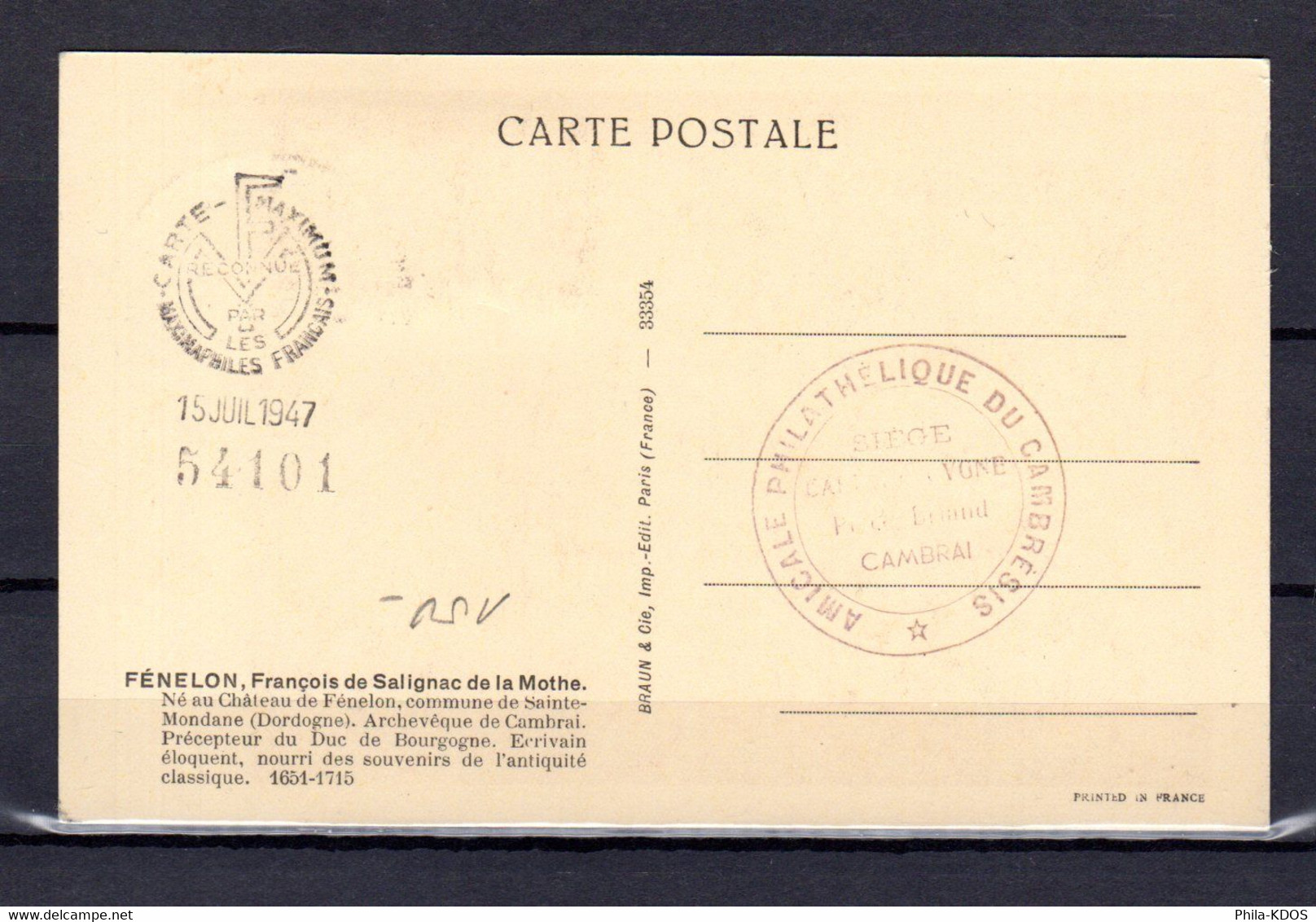 1947 TAMPONNEE MF : " FENELON " Sur Carte Maximum. N° YT 785 Voir Les 2 Scans. Parfait état CM - 1940-1949