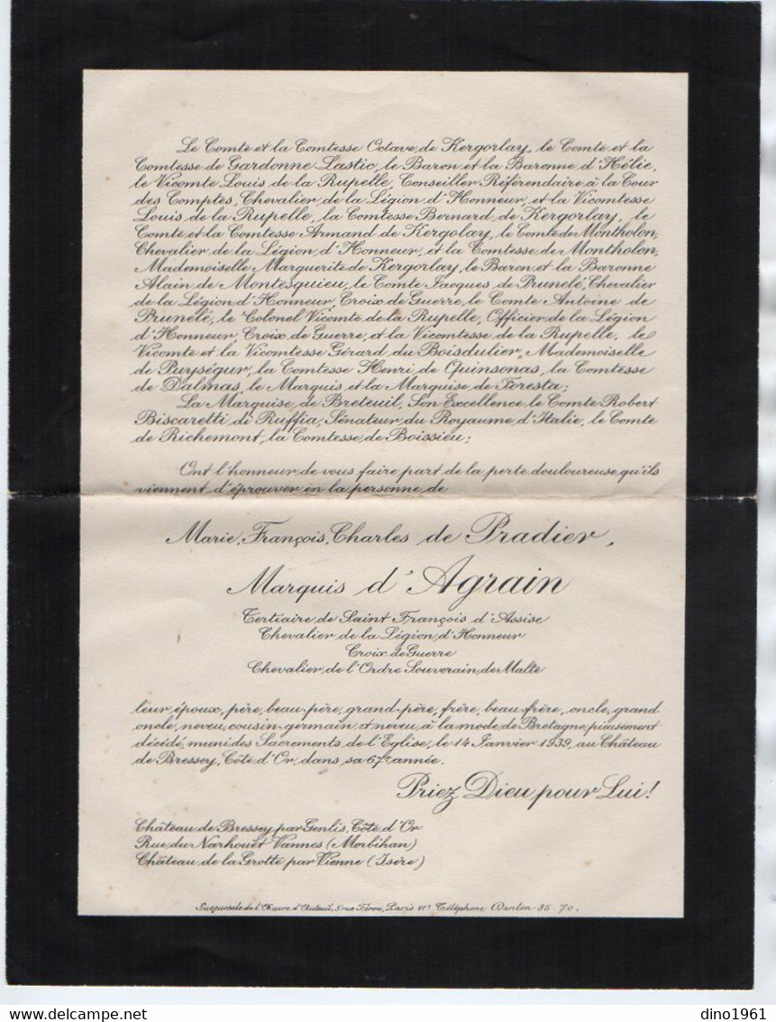 VP18.033 - Noblesse - Château De BRESSEY 1939 / Faire - Part De Décès Mr M.F.Charles De PRADIER Marquis D' AGRAIN - Décès