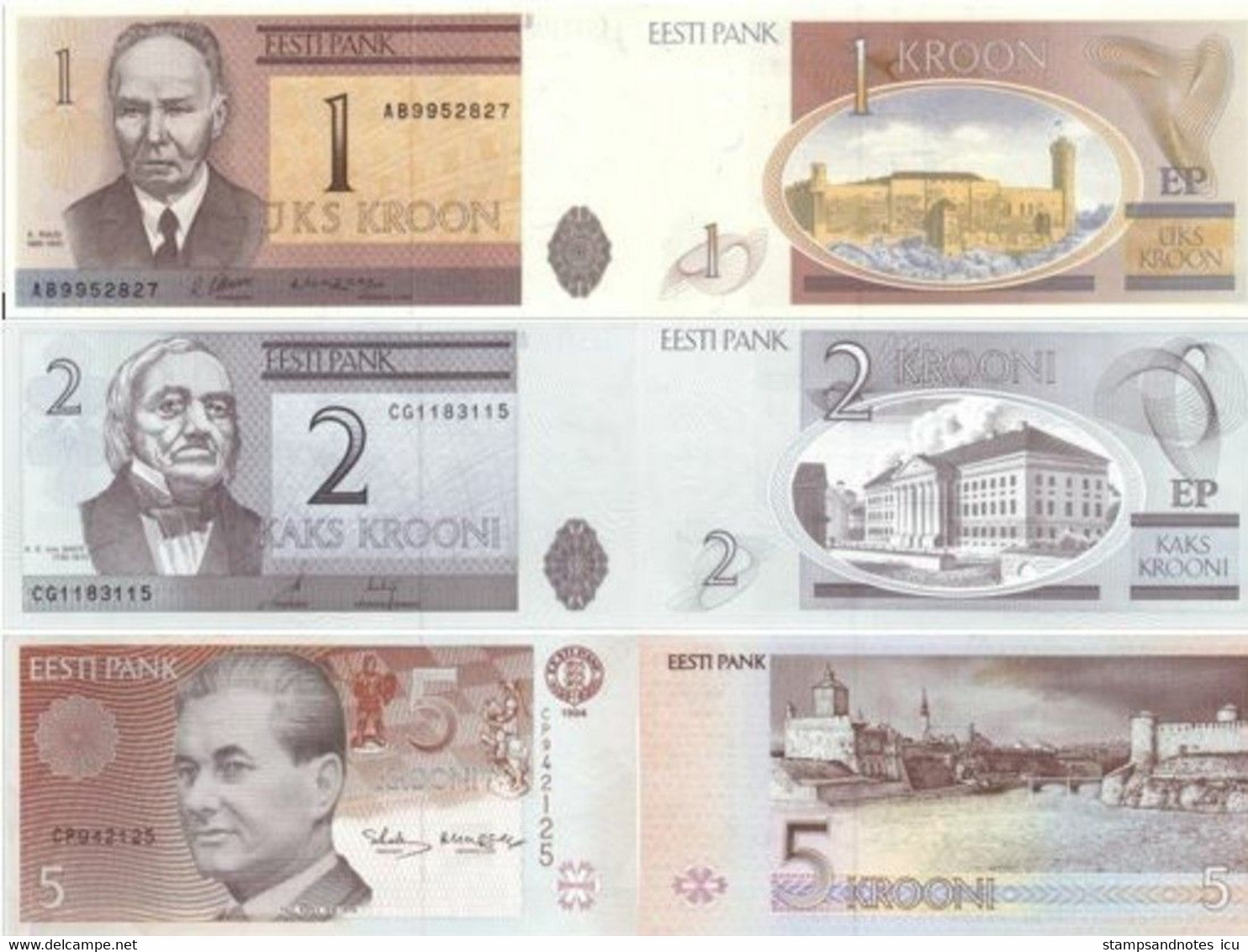 ESTONIA 1 2 5 Krooni 1992 - 2007 P 69 76 85 UNC Set Of 3 Banknotes - Estonie