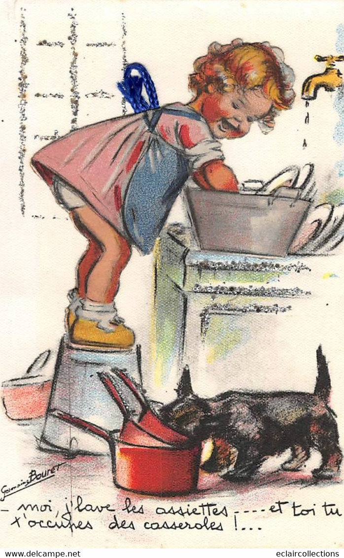 Illustrateur: Germaine  Bouret     . Moi, J'lave Les Assiettes   ..Chien   (découpage En Relief )   (voir Scan) - Bouret, Germaine