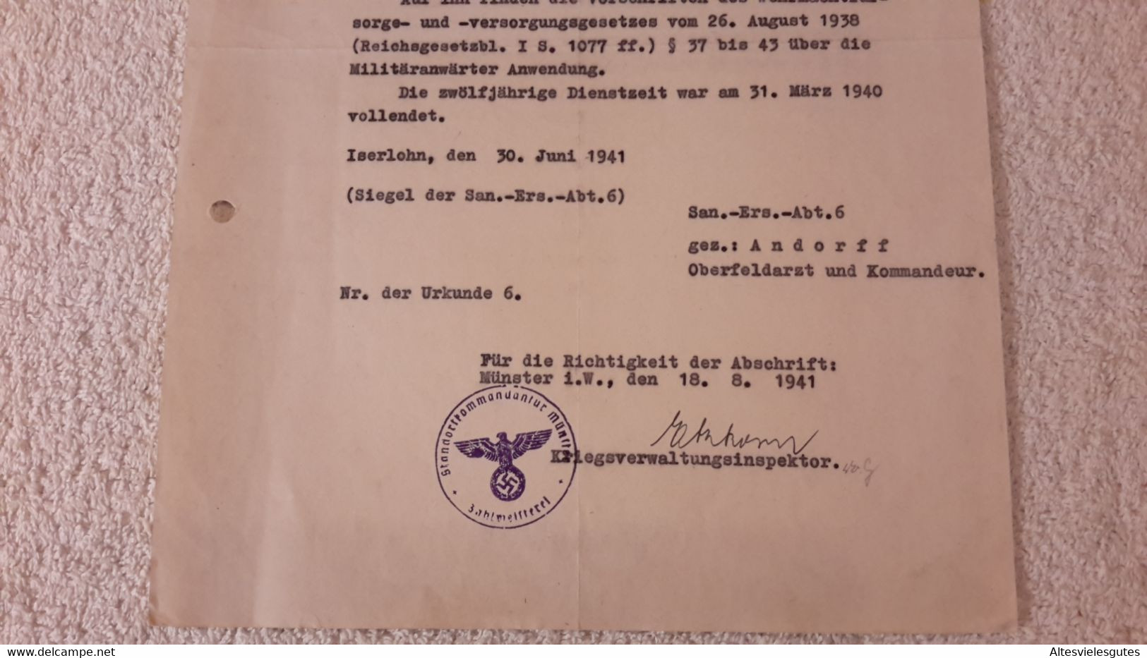 2 X Militäranwärterurkunde Rastenburg San. - Ers. Abt. 6 San. Stabsfeldwebel Entlassung A. D. Dienstzeit 1941 Gefechte - 1939-45