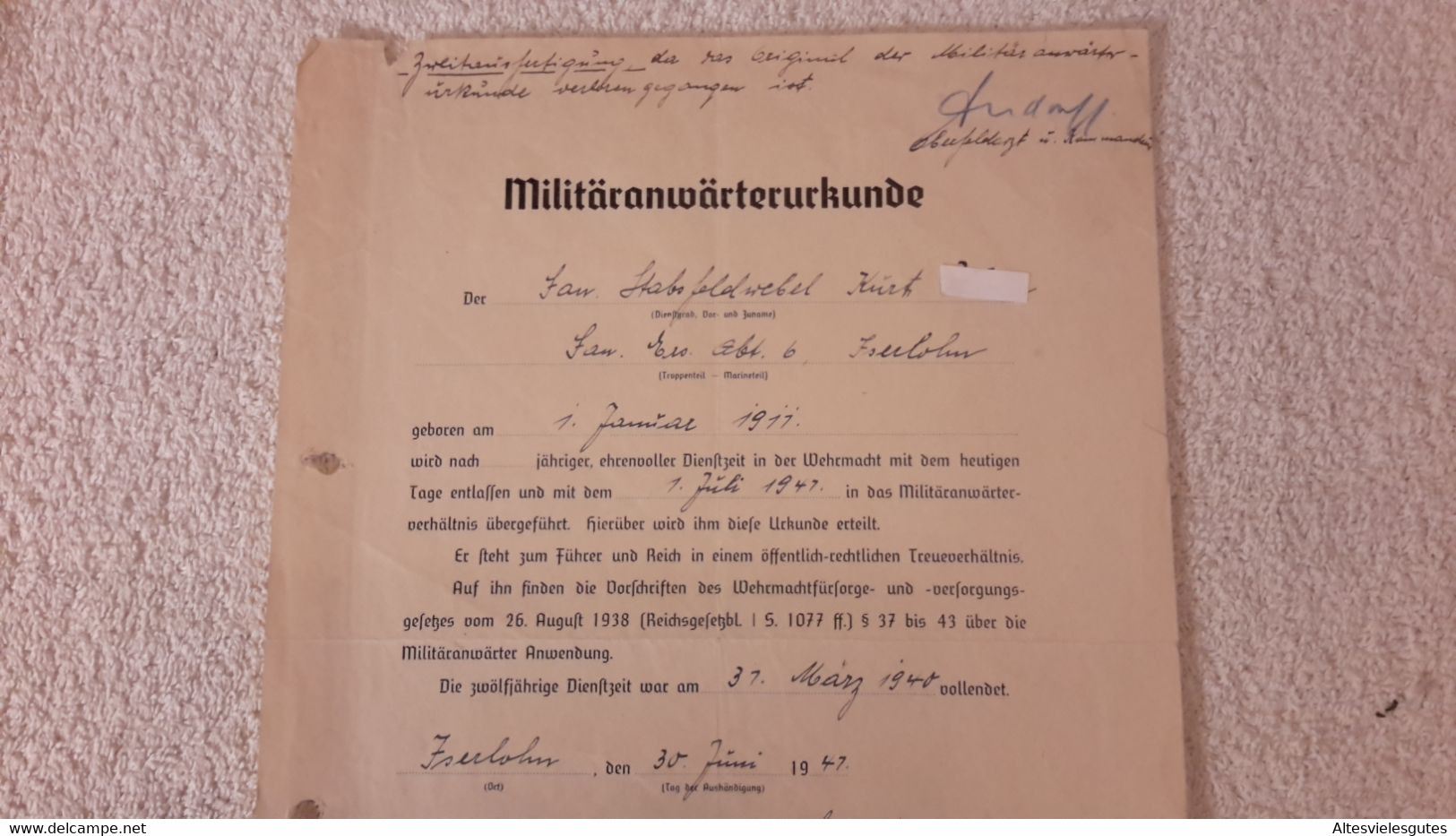 2 X Militäranwärterurkunde Rastenburg San. - Ers. Abt. 6 San. Stabsfeldwebel Entlassung A. D. Dienstzeit 1941 Gefechte - 1939-45