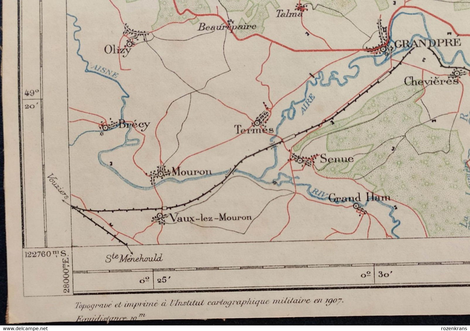 Carte topographique toilée militaire STAFKAART 1907 Villers Devant Orval Vendresse Le Chesne Jametz Mouzon Stenay