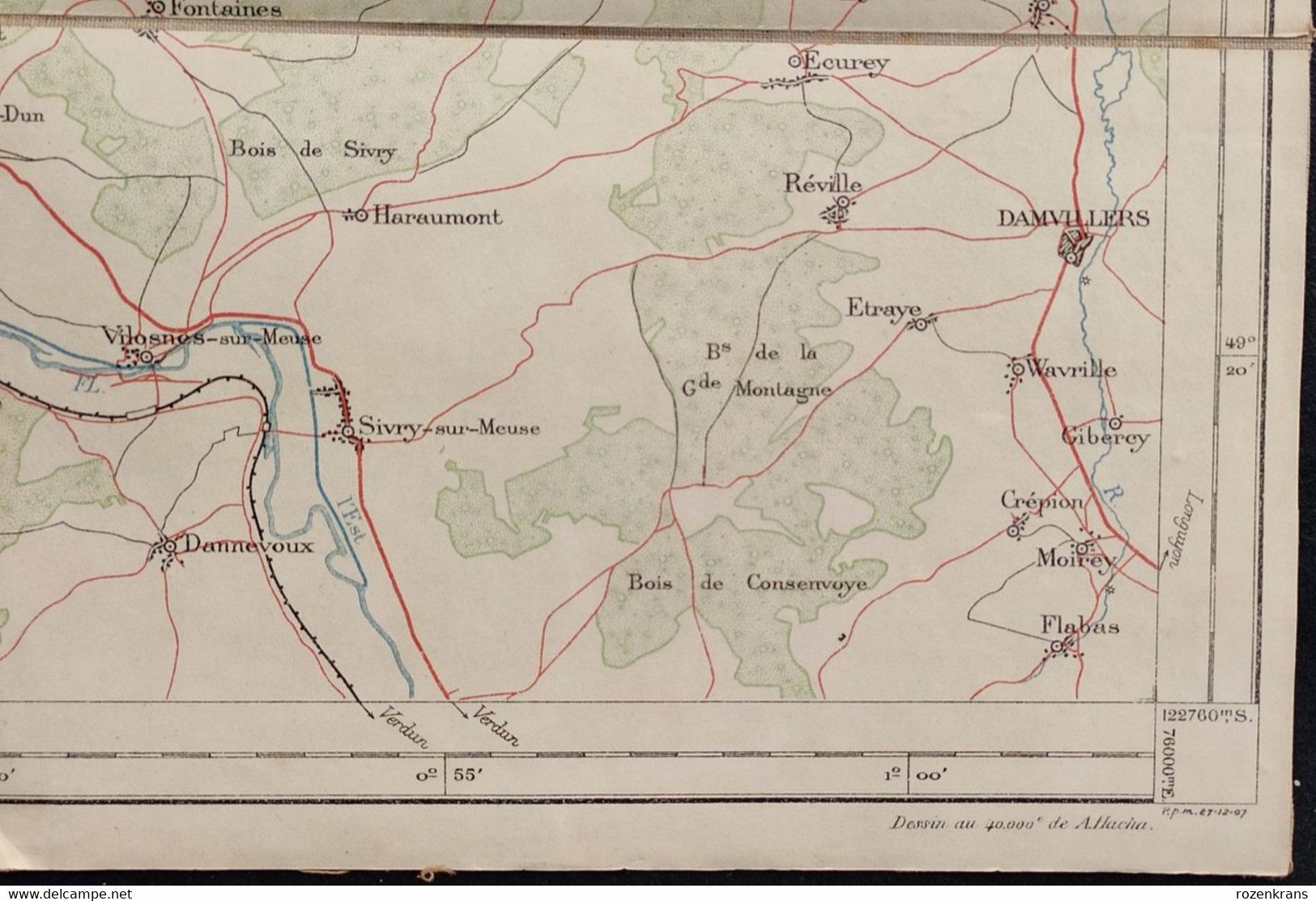 Carte topographique toilée militaire STAFKAART 1907 Villers Devant Orval Vendresse Le Chesne Jametz Mouzon Stenay