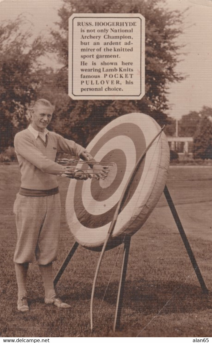 Russ Hoogerhyde Arher, Lamb Knits Clothing Advertisement, Archery Theme, C1930s Vintage Postcard - Bogenschiessen