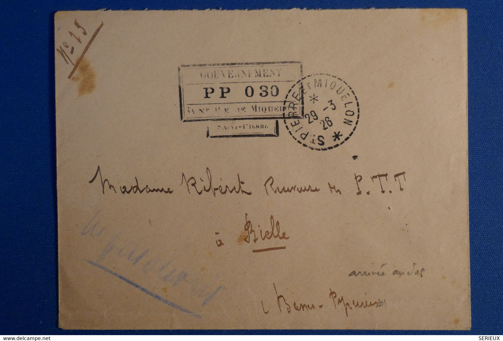 O20  SAINT PIERRE MIQUELON BELLE LETTRE DU GOUVERNEMENT ASSEZ RARE 1926   POUR BRIELLE FRANCE +AFFRANCH PLAISANT - Briefe U. Dokumente