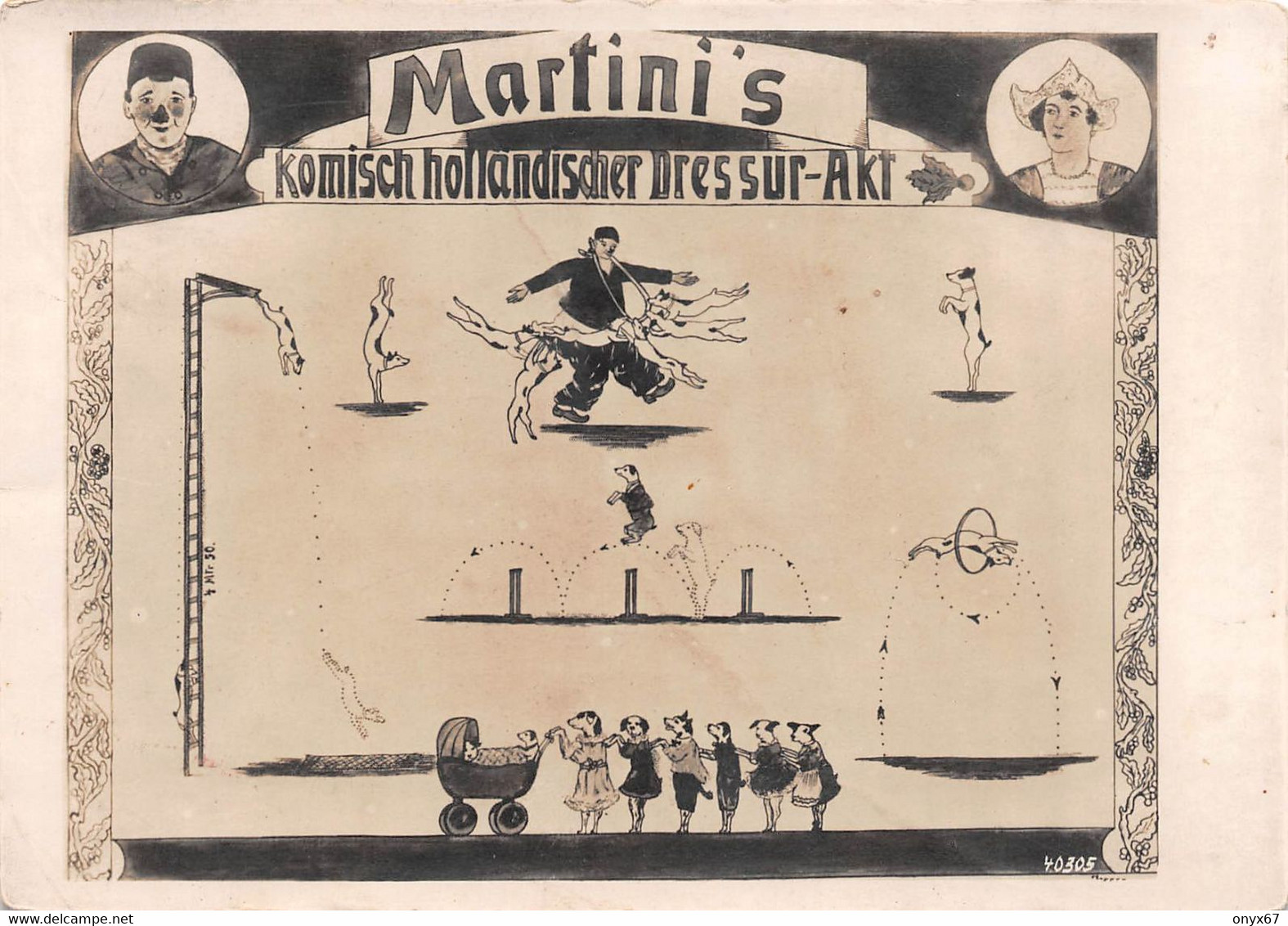 Carte Photo CIRQUE Martini's Komisch Holandischer Dressur Akt -Spectacle-Cabaret-Dressage CHIEN Comique Dessin-Magdeburg - Circo