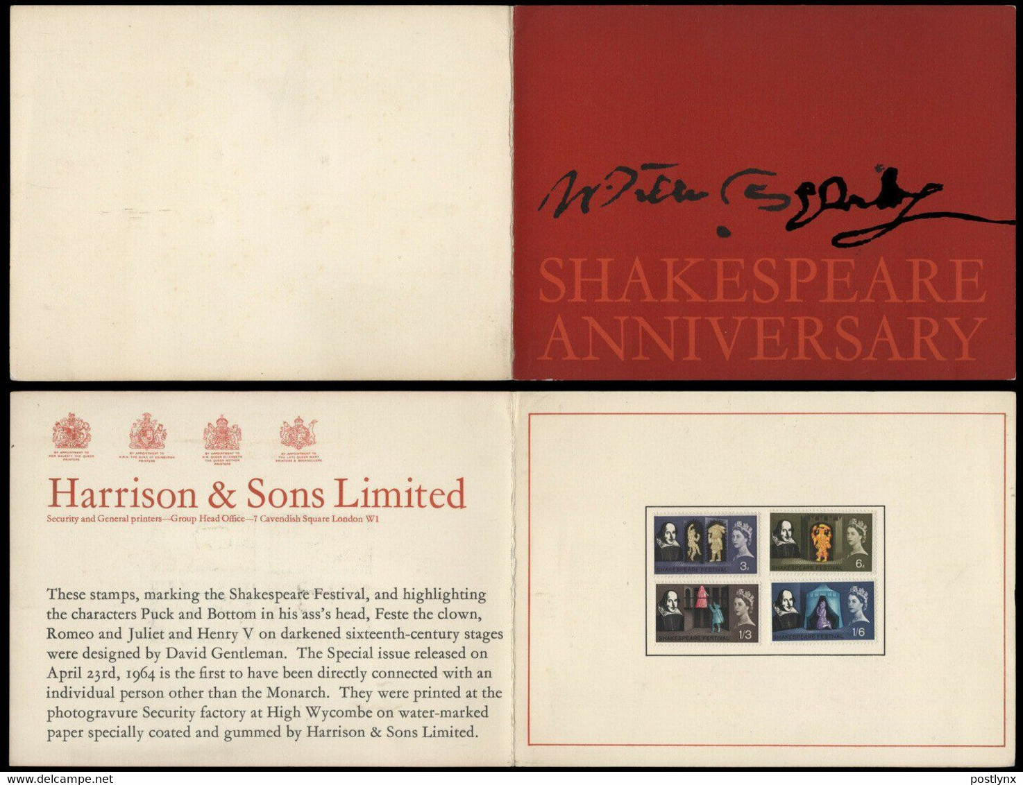 GREAT BRITAIN 1964 Shakespeare PRINTER`S PRESENTATION PROOF CRD - Proeven & Herdruk