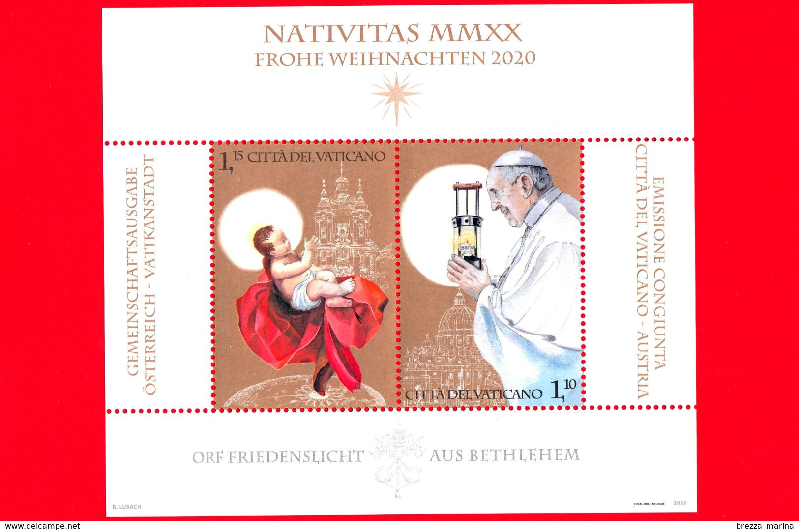 Nuovo - MNH - VATICANO - 2020 - Natale - Luce Della Pace Da Betlemme - Bambino Gesù E Papa Francesco - BF - 1.15+1.10 - Blocs & Hojas