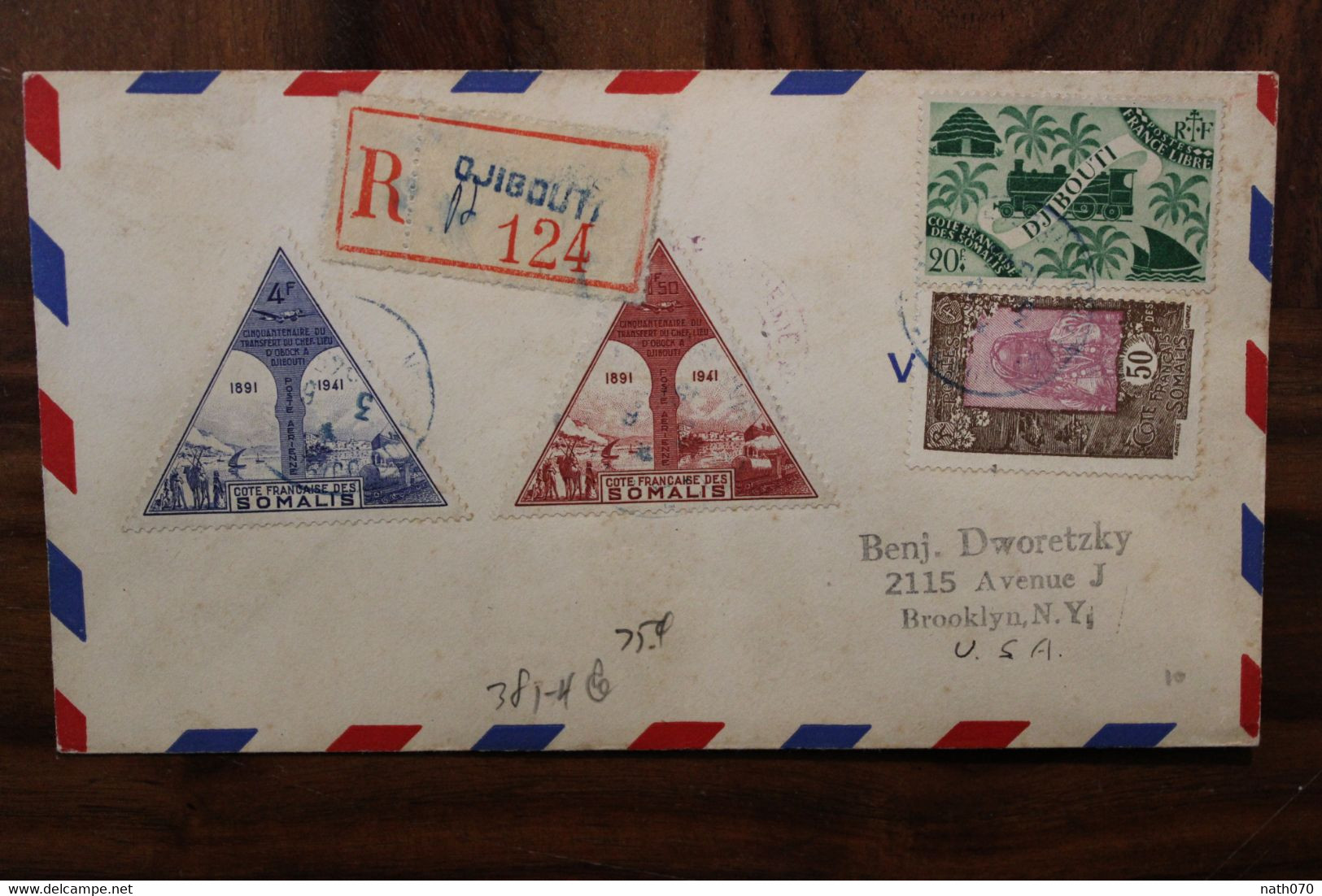 Cote Française Des Somalis France 1949 DJIBOUTI USA NY Par Avion Air Mail Colonie Cover Poste Aerienne Cinquantenaire - Storia Postale