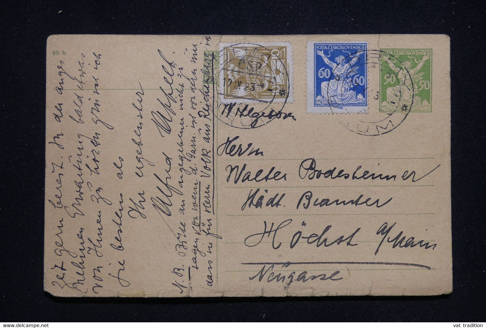 TCHÉCOSLOVAQUIE - Entier Postal + Complément De Haida Pour Höschst En 1923 - L 93878 - Cartes Postales