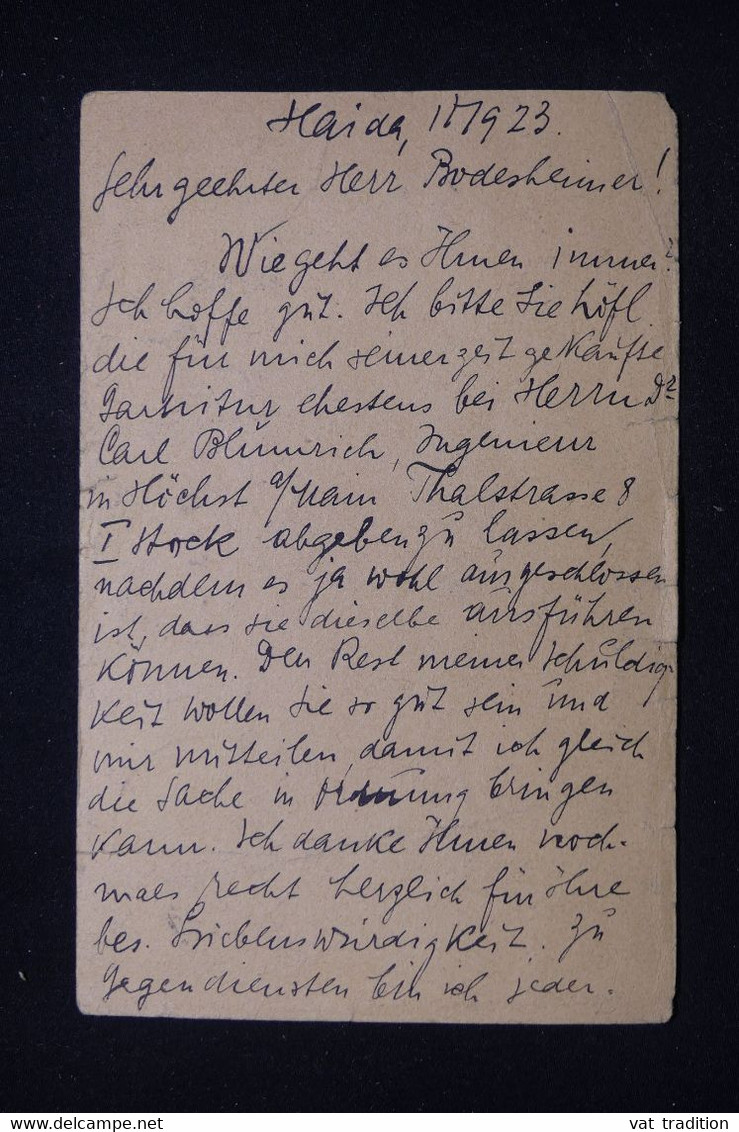 TCHÉCOSLOVAQUIE - Entier Postal + Complément De Haida Pour Höschst En 1923 - L 93878 - Cartes Postales