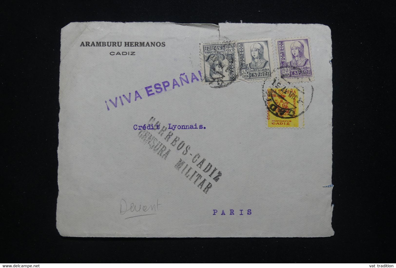 ESPAGNE - Devant D'enveloppe De Cadiz En 1937 Pour Paris Avec Cachet De Censure Militaire - L 93884 - Marcas De Censura Nacional