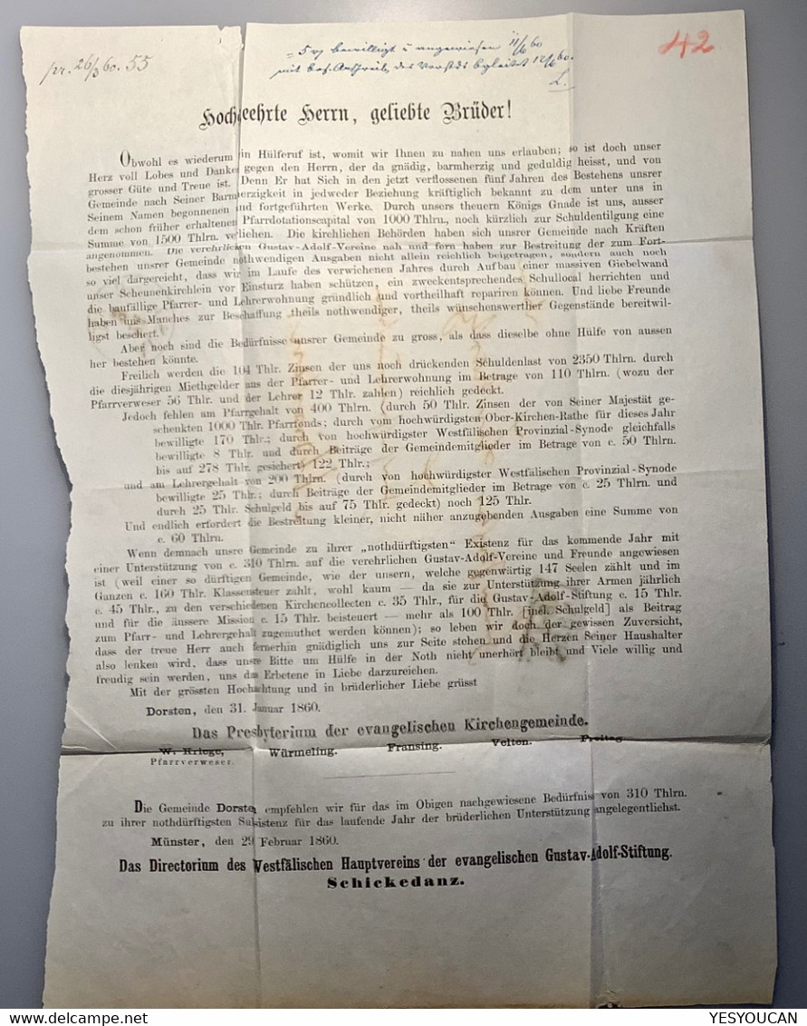 Preussen Mi. 9a DORSTEN Kabinett-Brief Evangelische Kirche Drucksache1860>Minden 1858 4 Pf(Westfalen Arnsberg  Dortmund - Covers & Documents