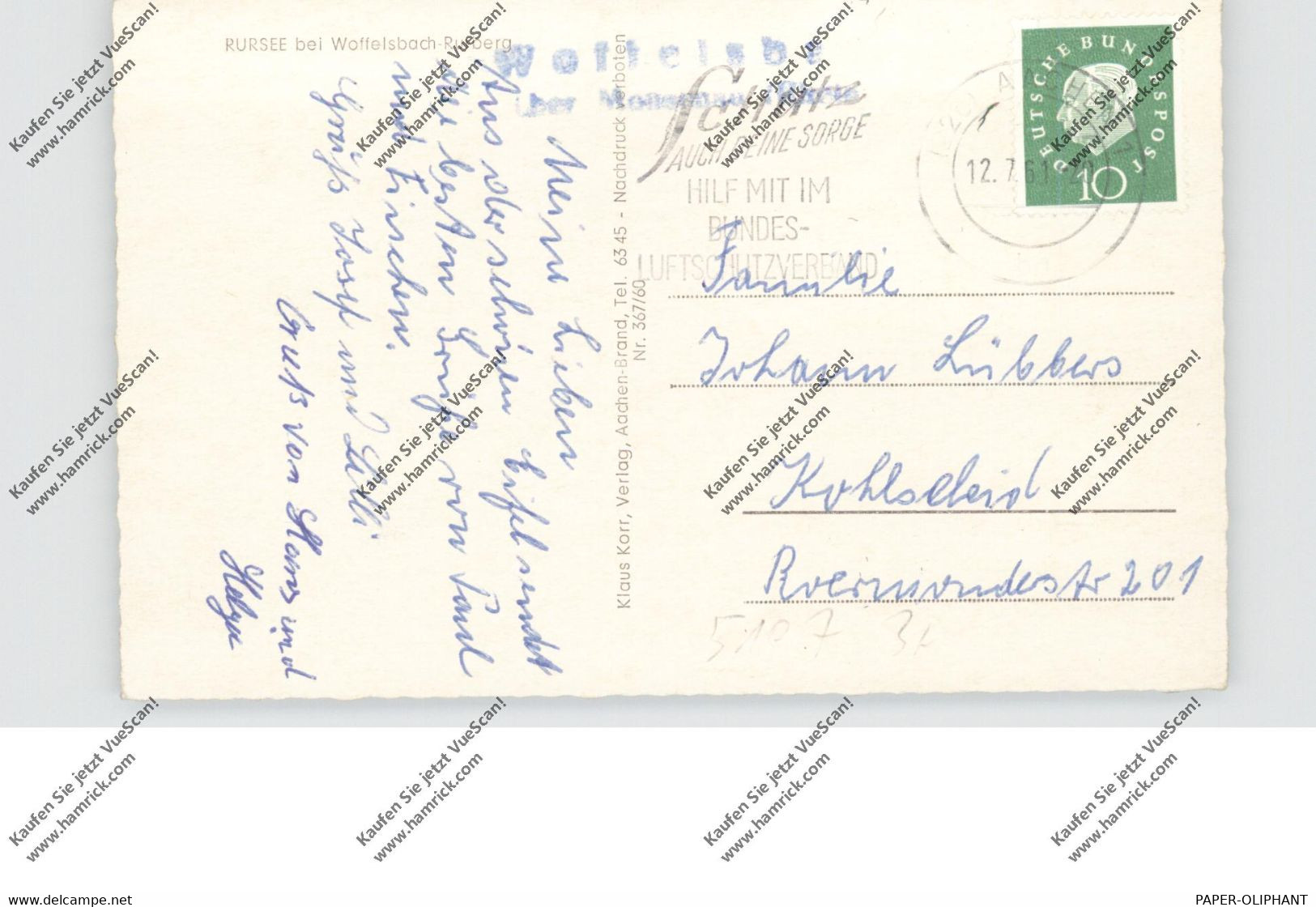 5107 SIMMERATH - WOFFELSBACH, Rursee Bei Woffelsbach, Landpoststempel 1961 - Simmerath