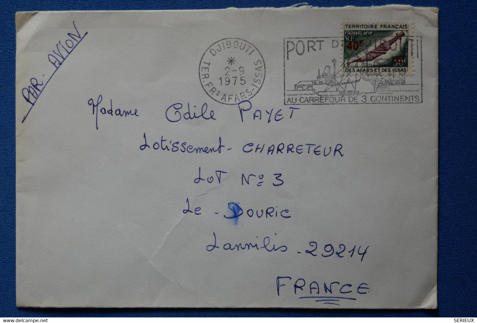 O22 TERR. AFARS  BELLE LETTRE PAR AVION 1975 DJIBOUTI POUR LE DOURIC FRANCE + SURCHARGE 40F ++N° 393++AFFR. PLAISANT - Briefe U. Dokumente