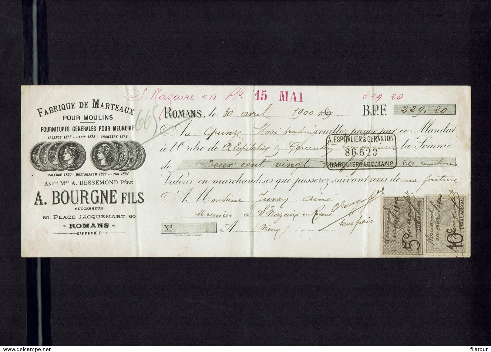 Mandat à Ordre Fabrique De Marteaux Pour Moulins A. BOURGNE Fils ROMANS (Drôme) émis Le 15 Mai 1900 - Cheques & Traveler's Cheques