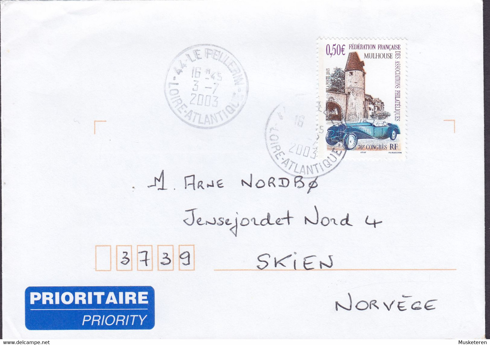 France PRIORITAIRE Label LE PELLERIN Lore-Atlantique 2003 Cover Lettre SKIEN Norway ERROR Variety Misplaced Colour !! - Covers & Documents