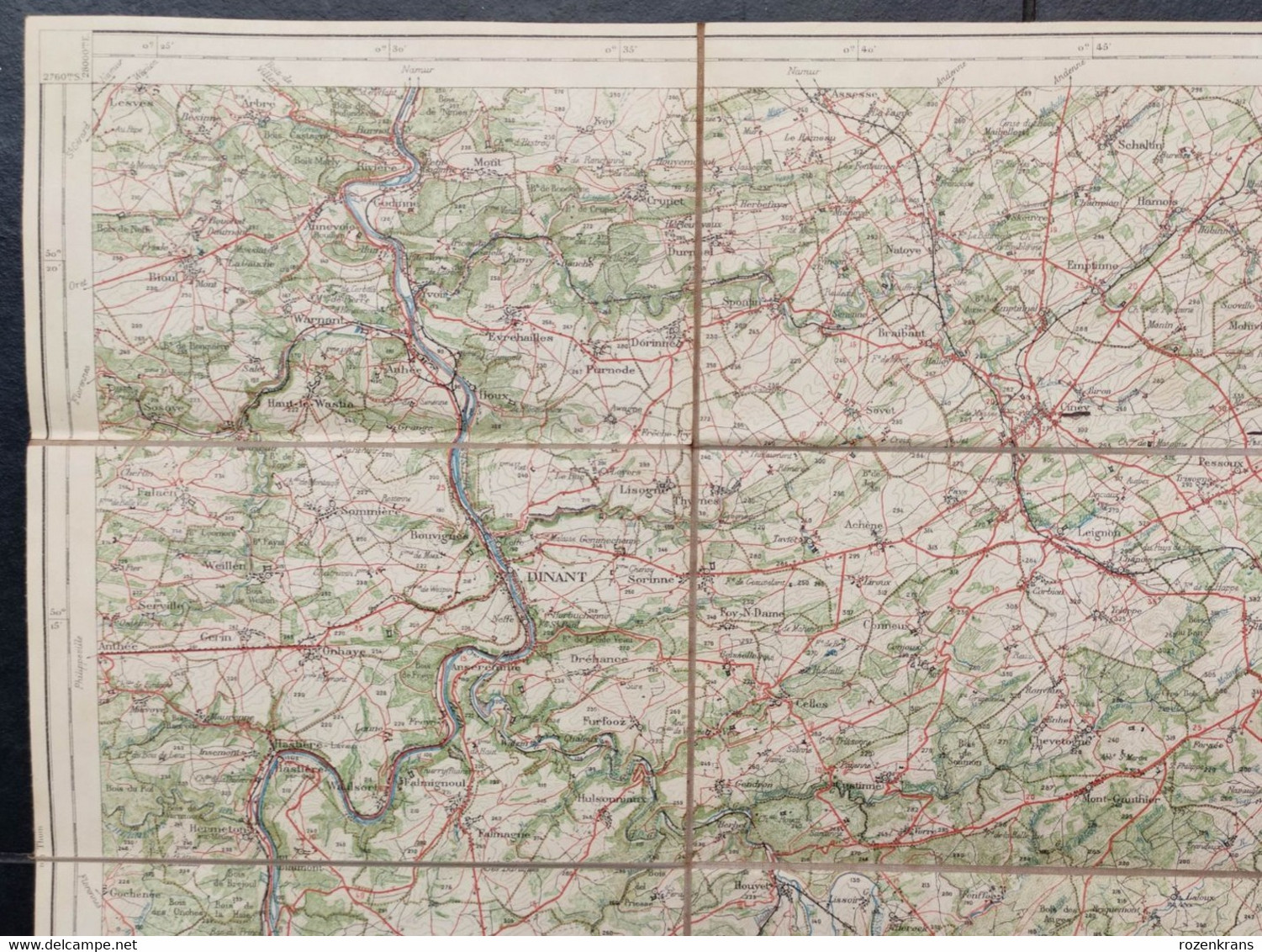 Carte topographique toilée militaire STAFKAART 1907 Dinant Hastiere Givet St Hubert Ciney Nassogne Han s Lesse Rochefort