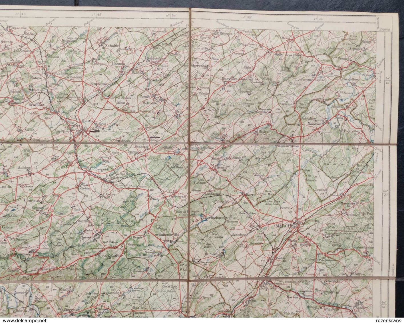 Carte topographique toilée militaire STAFKAART 1907 Dinant Hastiere Givet St Hubert Ciney Nassogne Han s Lesse Rochefort